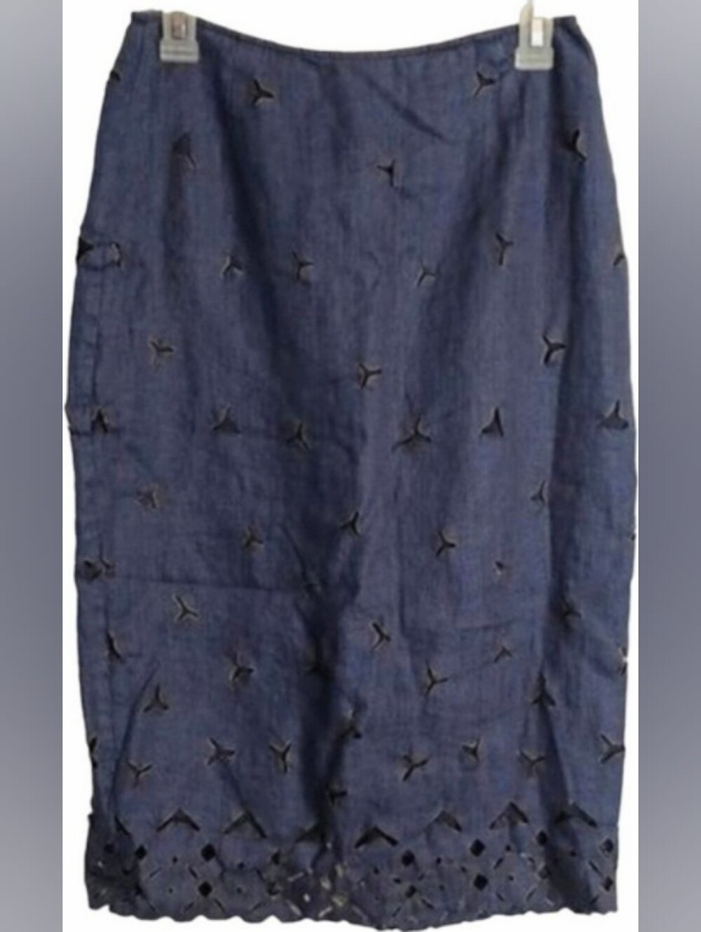 VTG Lafayette 148 Skirt Womens Navy Blue 100% Linen Eyelet Artsy Old Money